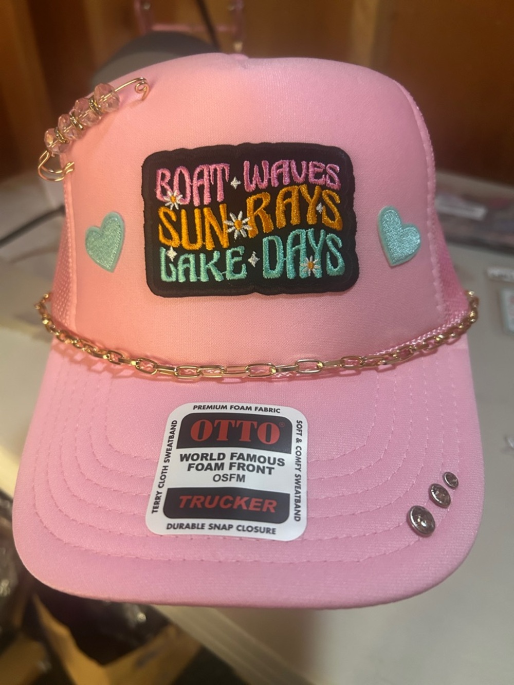 Pink Trucker Hat with Gold Chain
